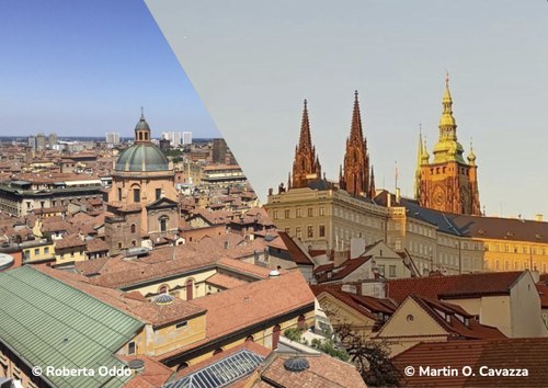 Immagini accostate di Bologna e di Praga